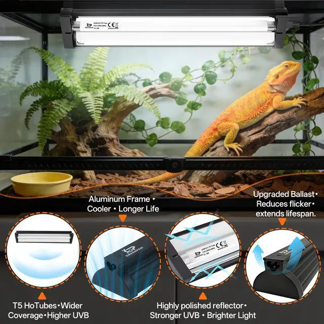 Alt view image 5 of 7 - T5 UVB Reptile Light Fixture Combo Kit 8W: 10.0 HO UVB Light for Reptiles Terrarium Hood Comes with UVB Lamp, 12'' Linear UVB Light Bar for Desert Bearded Dragon,Turtle,Gecko - UV Sensor Test Card