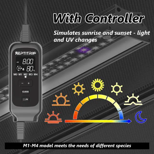 Alt view image 3 of 7 - REPTITRIP 16-Inch LED UVB Reptile Light with Auto On/Off & Preset Day-Night Cycle Dimming, 4 UVI Modes Fixture Controller, 14W Aluminum UVA UVB Lamp for Bearded Dragons, Turtles & Snakes, 6500K