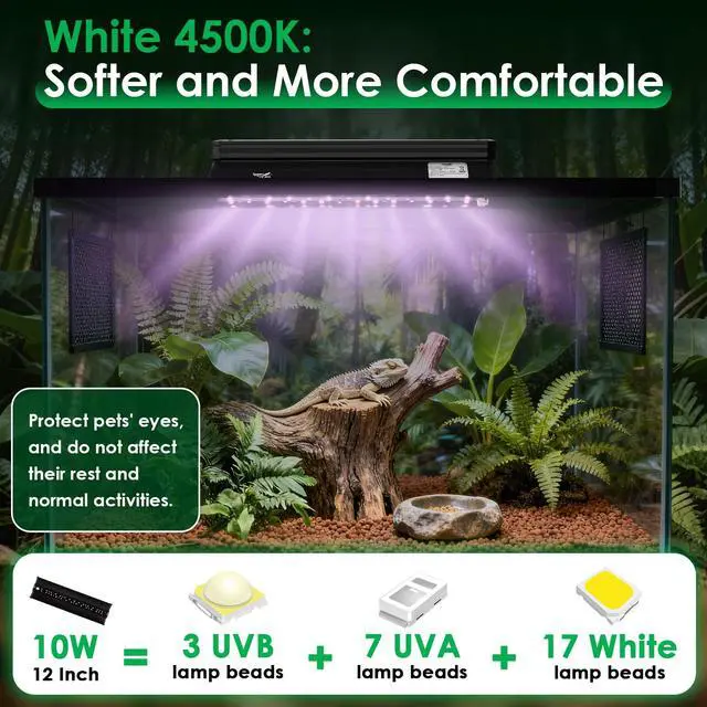Alt view image 4 of 7 - UVB Light for Reptiles, 10W HO LED UVB Reptile Light Fixture UVA UVB Lamp Bulb Terrarium Light with Timer and 5 Adjustable Brightness for Bearded Dragon Turtle Snake Crested Gecko Chameleon, 12 Inch