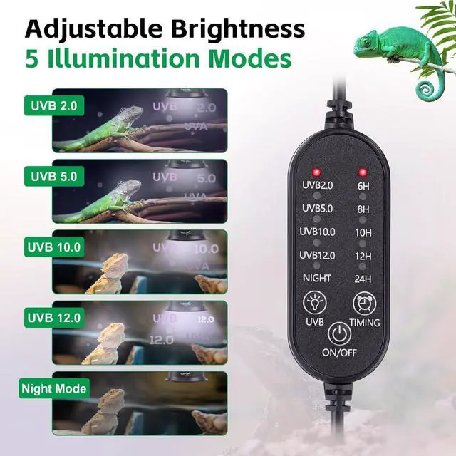 Alt view image 2 of 7 - UVB Light for Reptiles, UVA UVB Reptile Light Fixture with Timer LED UVB Bulb for Bearded Dragon Gecko Turtle Chameleon Lizard Snake, Adjustable Brightness UVB Lamp for Reptile Tank Accessories, Black