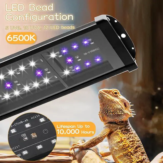 Alt view image 3 of 7 - REPTIDLDB LED UVB Reptile Light with Timer & Dimmer, Adjustable 10.0-20.0 UVA UVB Fixture, Full Spectrum Sunlamp for Bearded Dragons, Turtles, Snakes, Desert & Tropical Habitats, 11-Inch