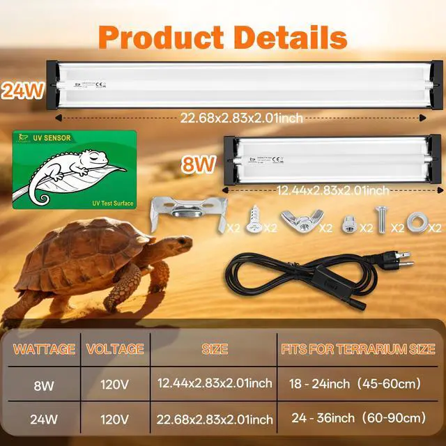 Alt view image 7 of 7 - T5 UVB Reptile Light Fixture Combo Kit 24W: 10.0 UVB Light for Reptiles Terrarium Hood Comes with Ho UVB Lamp, 22'' Linear UVB Light Bar for Desert Bearded Dragon,Turtle,Gecko - UV Sensor Test Card
