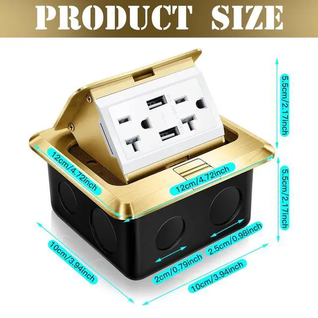Alt view image 2 of 6 - Hoolerry 1 Pack Pop up Floor Electrical Outlet Cover Box Kit with 4.8A USB Charger 20Amp Waterproof Weatherproof Floor Tamper Resistant Outlet Receptacle for Countertop Home (Gold)