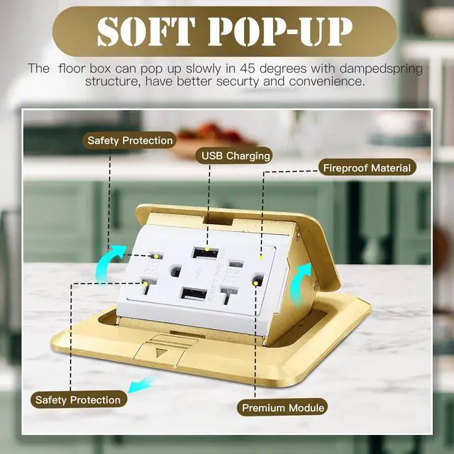Alt view image 3 of 6 - Hoolerry 1 Pack Pop up Floor Electrical Outlet Cover Box Kit with 4.8A USB Charger 20Amp Waterproof Weatherproof Floor Tamper Resistant Outlet Receptacle for Countertop Home (Gold)