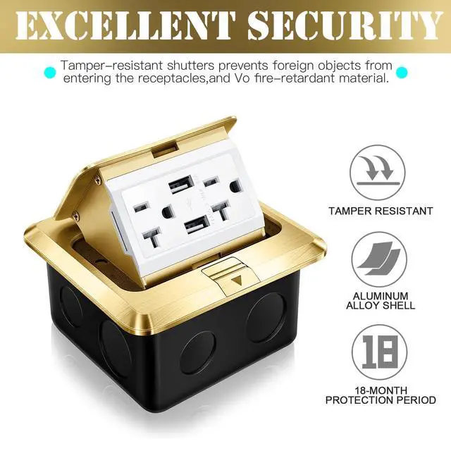 Alt view image 4 of 6 - Hoolerry 1 Pack Pop up Floor Electrical Outlet Cover Box Kit with 4.8A USB Charger 20Amp Waterproof Weatherproof Floor Tamper Resistant Outlet Receptacle for Countertop Home (Gold)