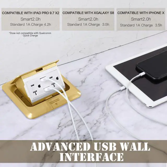 Alt view image 6 of 6 - Hoolerry 1 Pack Pop up Floor Electrical Outlet Cover Box Kit with 4.8A USB Charger 20Amp Waterproof Weatherproof Floor Tamper Resistant Outlet Receptacle for Countertop Home (Gold)