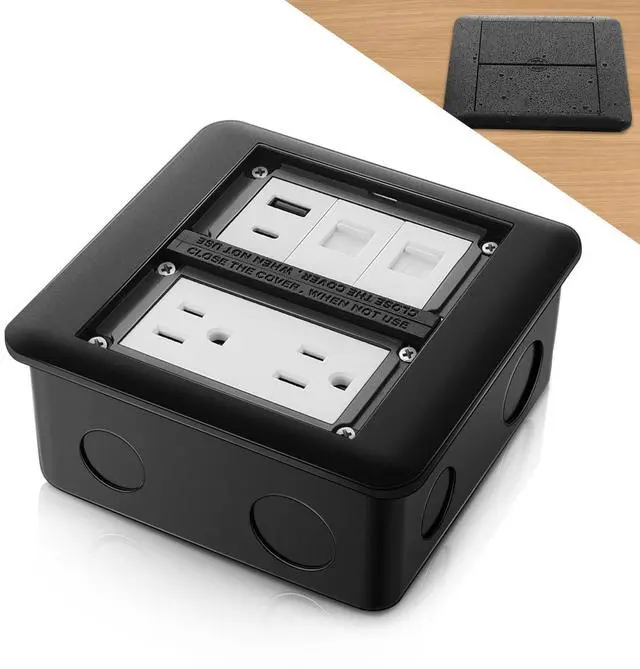 Main image of Hoolerry Floor Outlet Cover Plate, 15A Duplex Receptacle & Triple Charging Ports (USB + USB C + Ethernet), 2 Gang Steel Recessed Outlet Box, Black