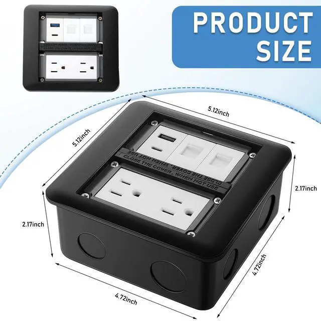 Alt view image 6 of 7 - Hoolerry Floor Outlet Cover Plate, 15A Duplex Receptacle & Triple Charging Ports (USB + USB C + Ethernet), 2 Gang Steel Recessed Outlet Box, Black