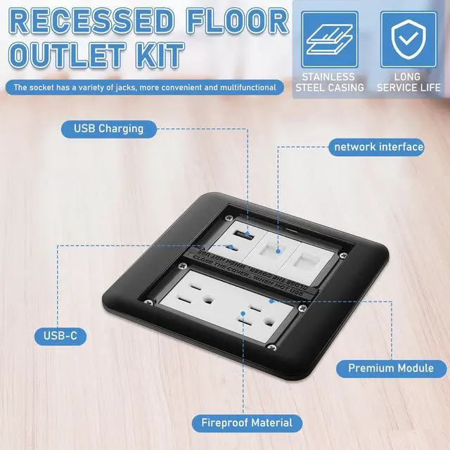 Alt view image 3 of 7 - Hoolerry Floor Outlet Cover Plate, 15A Duplex Receptacle & Triple Charging Ports (USB + USB C + Ethernet), 2 Gang Steel Recessed Outlet Box, Black