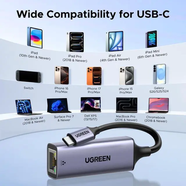 Alt view image 6 of 7 - UGREEN USB C to Ethernet Adapter, Plug and Play 1Gbps Ethernet Adapter, Aluminum Case, (Thunderbolt 4/3 Compatible) to RJ45 Network Dongle, Compatible for MacBook Pro/Air, iPhone 17 Pro/Max, iPad, XPS