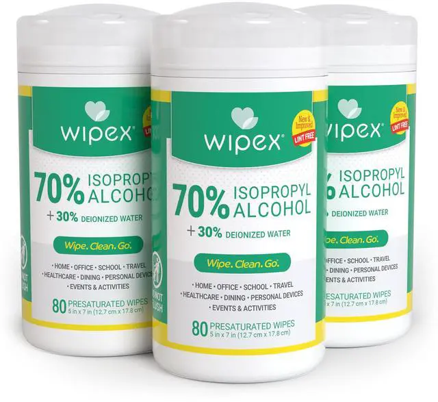 Main image of Wipex 70% Isopropyl Alcohol Wipes for Electronics - 80ct Large Lint Free IPA Wipes in Sealed Canister to clean Surfaces, Electronics, Computer Screens, Glasses, 80 Count (Pack of 3)