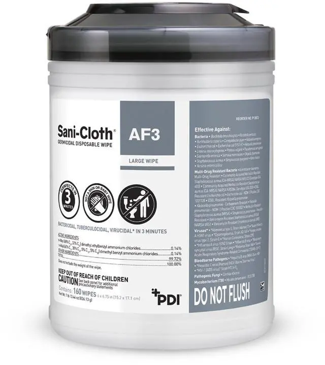 Main image of Sani-Cloth AF3, Surface Disinfecting Wipes, Fragrance Free, Alcohol-Free, Large Canister, 160 Wipes
