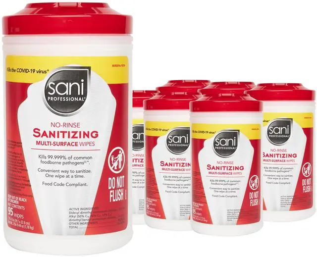Main image of PDI Sani-Professional Sanitizing Wipes, No-Rinse Multi-Surface Cleaning for Food Contact Surfaces, Kitchens, Restuarants Tables, 95 Large 7.75" x 9" Count per Canister, Pack of 6