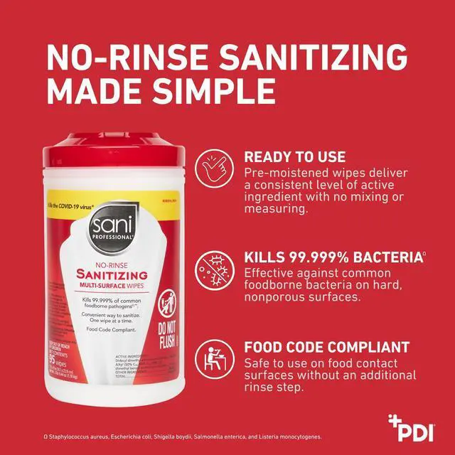 Alt view image 5 of 5 - PDI Sani-Professional Sanitizing Wipes, No-Rinse Multi-Surface Cleaning for Food Contact Surfaces, Kitchens, Restuarants Tables, 95 Large 7.75" x 9" Count per Canister, Pack of 6