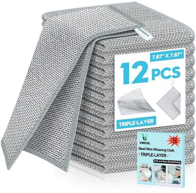 Main image of VMKBL 12 Pcs New Upgraded 3 Layers Non Scratch Wire Dishcloth, Multipurpose Wire Dishwashing Rags, Wet & Dry for Cookware, Sinks, Dishes, Stoves & Fireplaces (7.87 x 7.87-12pcs)