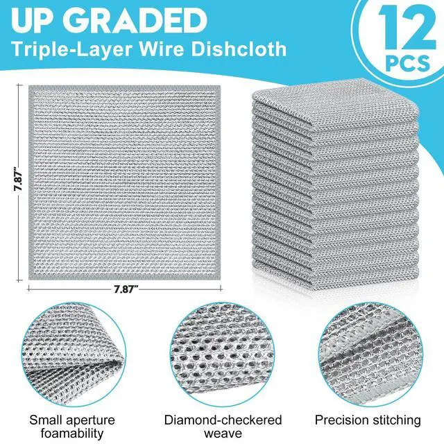 Alt view image 2 of 7 - VMKBL 12 Pcs New Upgraded 3 Layers Non Scratch Wire Dishcloth, Multipurpose Wire Dishwashing Rags, Wet & Dry for Cookware, Sinks, Dishes, Stoves & Fireplaces (7.87 x 7.87-12pcs)