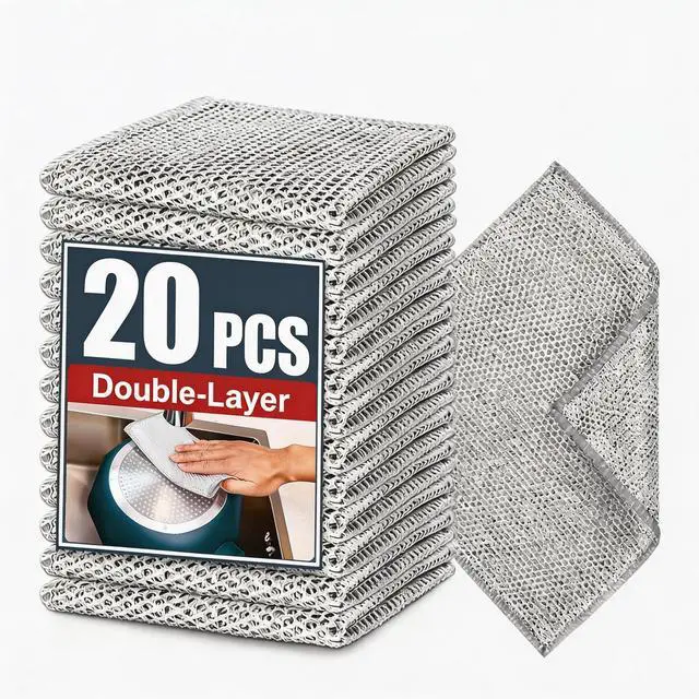 Main image of PRINKROOMY Double-Layer Steel Wire Cleaning Cloth - Non-Scratch Wire Dishcloth Rag Heavy Duty Scrub Pads Multi-Purpose Silver Mesh Scouring Pads for Dishes, Pots, Pans (20PCS)