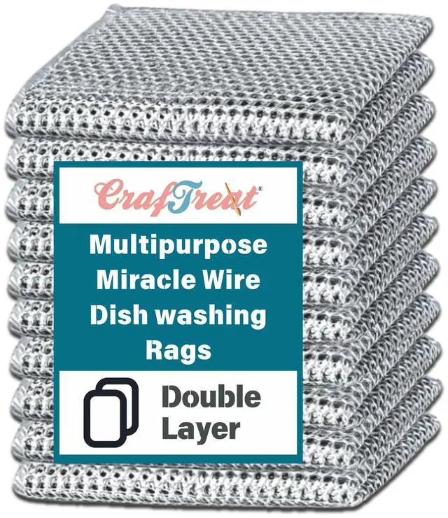 Main image of CrafTreat Non Scratch Wire Dishwashing Rag, 10 Pack Double Layer Reusable Wire Dishcloth, Silver Mesh Metal Cleaning Cloth for Pots, Pans, Sink, Steel Cookware, Wet & Dry Cleaning