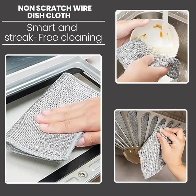 Alt view image 5 of 6 - CrafTreat Non Scratch Wire Dishwashing Rag, 10 Pack Double Layer Reusable Wire Dishcloth, Silver Mesh Metal Cleaning Cloth for Pots, Pans, Sink, Steel Cookware, Wet & Dry Cleaning