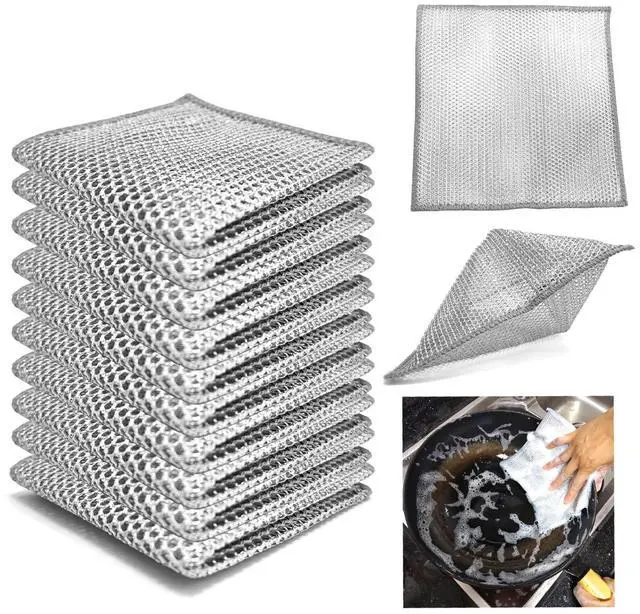 Main image of Double layer metal wire scratch free cloth, dry and wet dual-purpose metal wire dishwashing cloth, suitable for kitchen cleaning, cookware, tableware, sink, stove, etc., easy to rinse (10 pieces)