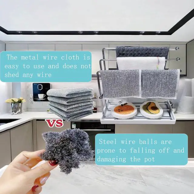 Alt view image 2 of 6 - Double layer metal wire scratch free cloth, dry and wet dual-purpose metal wire dishwashing cloth, suitable for kitchen cleaning, cookware, tableware, sink, stove, etc., easy to rinse (10 pieces)