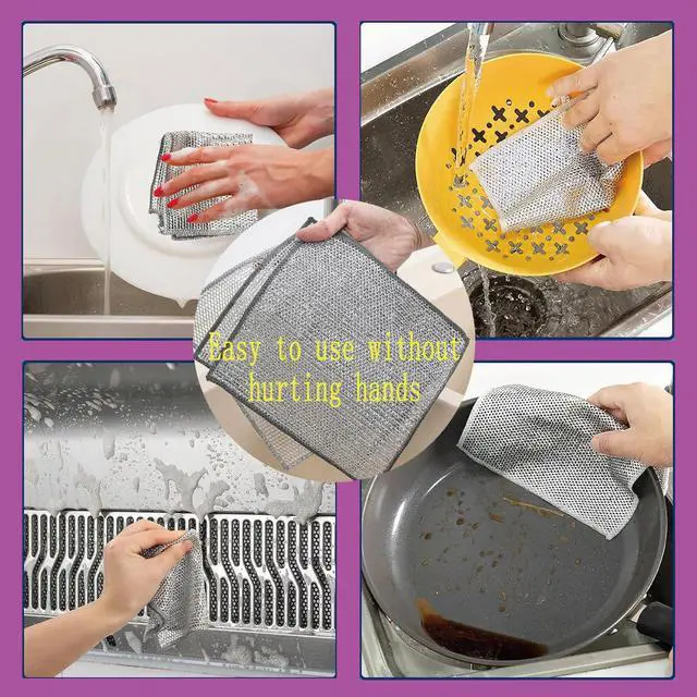 Alt view image 4 of 6 - Double layer metal wire scratch free cloth, dry and wet dual-purpose metal wire dishwashing cloth, suitable for kitchen cleaning, cookware, tableware, sink, stove, etc., easy to rinse (10 pieces)