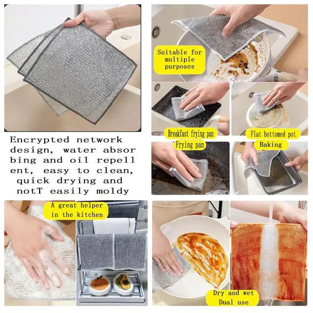 Alt view image 5 of 6 - Double layer metal wire scratch free cloth, dry and wet dual-purpose metal wire dishwashing cloth, suitable for kitchen cleaning, cookware, tableware, sink, stove, etc., easy to rinse (10 pieces)