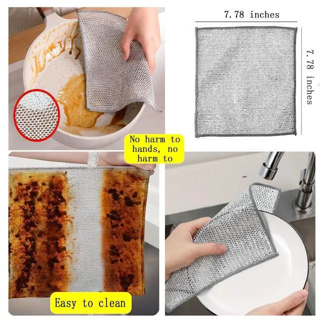 Alt view image 6 of 6 - Double layer metal wire scratch free cloth, dry and wet dual-purpose metal wire dishwashing cloth, suitable for kitchen cleaning, cookware, tableware, sink, stove, etc., easy to rinse (10 pieces)