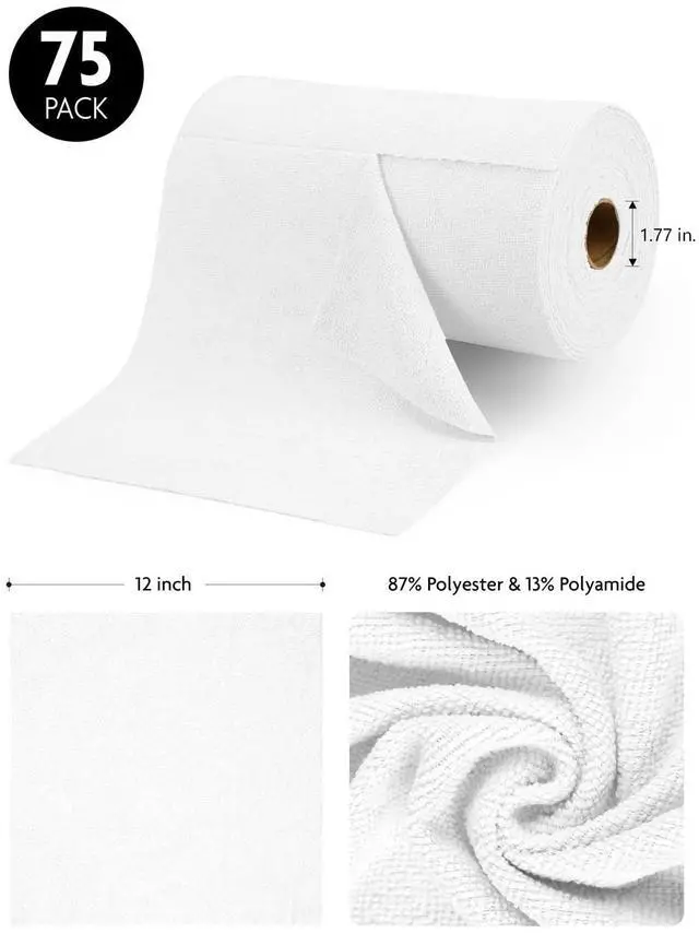 Alt view image 7 of 7 - Fantasticlean Microfiber Cleaning Cloth Roll -75 Pack, Tear Away Microfiber Towels, 12" x 12", Reusable, Washable, Scratch Free, Ultra Absorbent Dishcloth for All-Around Cleaning Supplies (White)