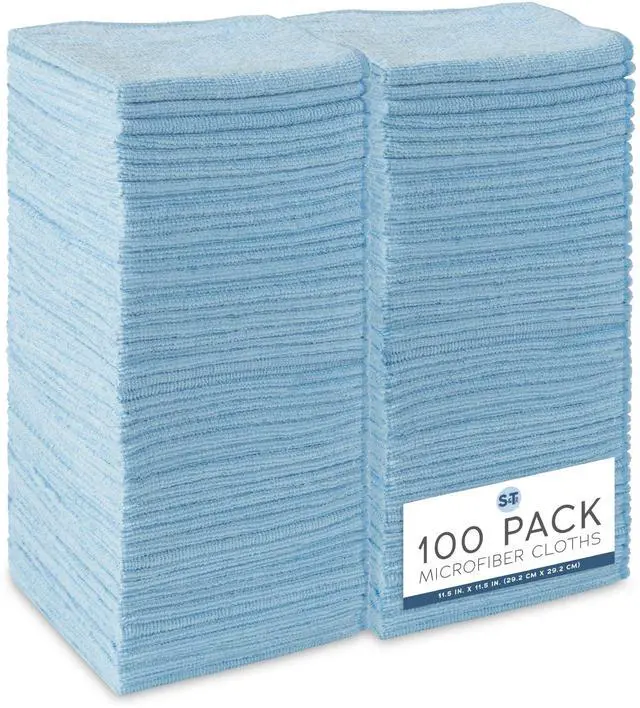 Main image of S&T INC. Microfiber Cleaning Cloth, Bulk Microfiber Towel for Home, Reusable and Lint Free Cloth Towels for Car, Light Blue, 11.5 Inch x 11.5 Inch, 100 Pack