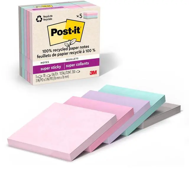 Main image of 100% Recycled Super Sticky Notes, 3 x 3 in, Pastels, 5 Pads