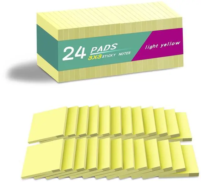 Main image of (24 Pads) Sticky Notes 3x3 in Yellow, Strong Adhesive, Clean Removal, Recyclable, Self-Stick Pads, Easy to Post for Home, Office, Notebook
