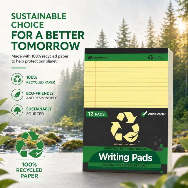 Alt view image 2 of 7 - KAISA Legal Pads, 8.5" x 11.75" Wide Ruled Canary Writing Tablet, 50 Sheets Per Pad, Hard Back Premium Thick Recycled Paper Notepads for Office Supplies, Pack of 12 (600 Total Sheets)