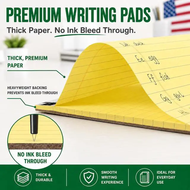Alt view image 5 of 7 - KAISA Legal Pads, 8.5" x 11.75" Wide Ruled Canary Writing Tablet, 50 Sheets Per Pad, Hard Back Premium Thick Recycled Paper Notepads for Office Supplies, Pack of 12 (600 Total Sheets)