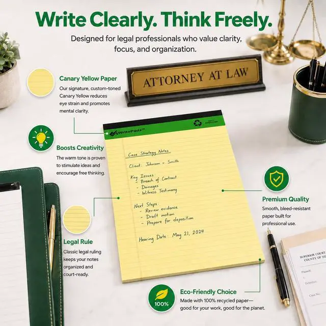 Alt view image 6 of 7 - KAISA Legal Pads, 8.5" x 11.75" Wide Ruled Canary Writing Tablet, 50 Sheets Per Pad, Hard Back Premium Thick Recycled Paper Notepads for Office Supplies, Pack of 12 (600 Total Sheets)