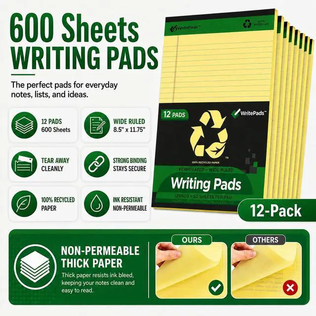 Alt view image 4 of 7 - KAISA Legal Pads, 8.5" x 11.75" Wide Ruled Canary Writing Tablet, 50 Sheets Per Pad, Hard Back Premium Thick Recycled Paper Notepads for Office Supplies, Pack of 12 (600 Total Sheets)