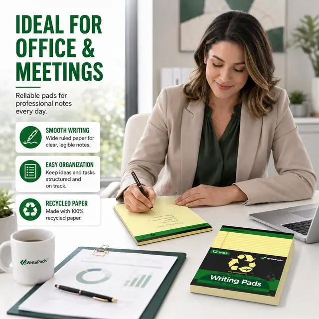 Alt view image 7 of 7 - KAISA Legal Pads, 8.5" x 11.75" Wide Ruled Canary Writing Tablet, 50 Sheets Per Pad, Hard Back Premium Thick Recycled Paper Notepads for Office Supplies, Pack of 12 (600 Total Sheets)