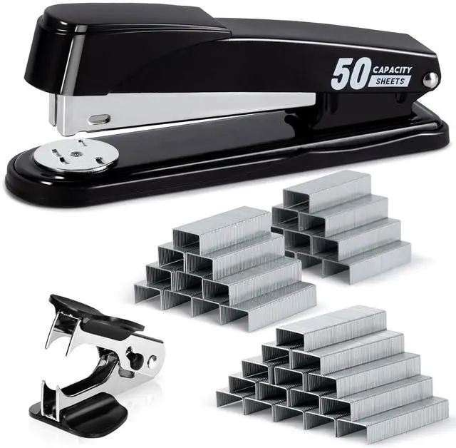 Main image of Deli Stapler Heavy Duty, Full Strip Staplers for Desk with 2000 Staples and Staple Remover, 50 Sheet Capacity, No Jam, Non-Slip Office Stapler with Staples for Office, Classroom, Black