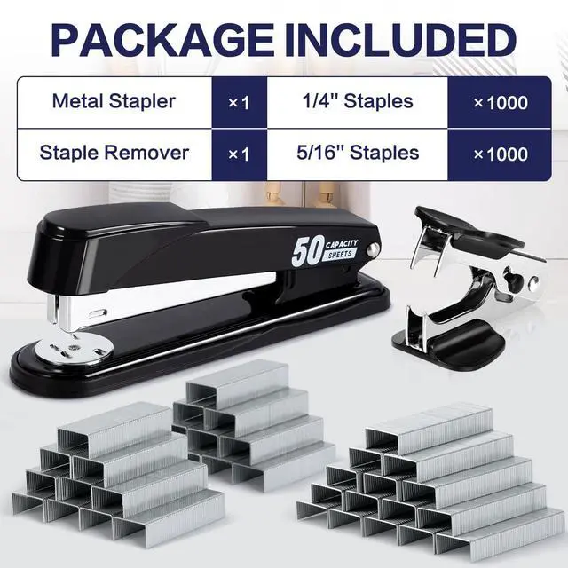 Alt view image 2 of 7 - Deli Stapler Heavy Duty, Full Strip Staplers for Desk with 2000 Staples and Staple Remover, 50 Sheet Capacity, No Jam, Non-Slip Office Stapler with Staples for Office, Classroom, Black