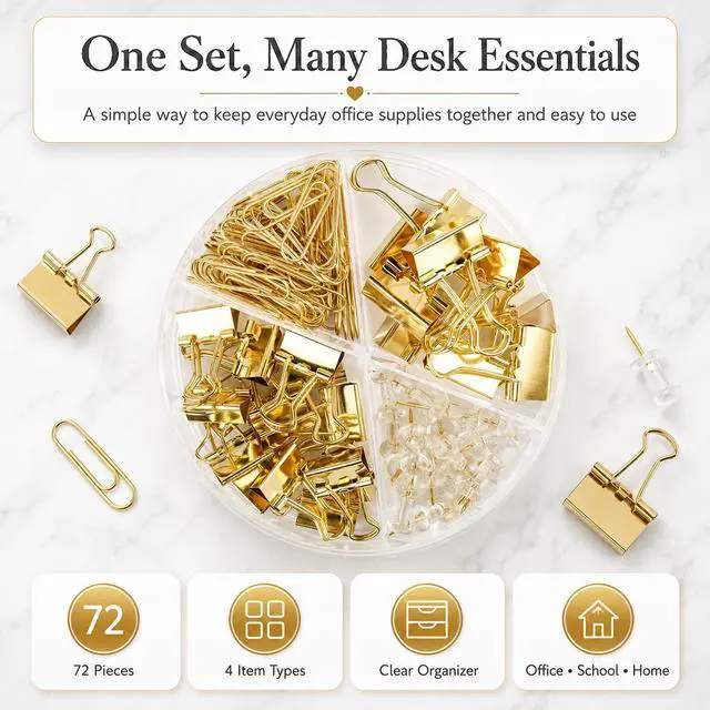 Alt view image 2 of 7 - CREECHWA Gold Paper Binder and Clips Set, Metal Assorted Sized Binders with Push Pins, Cute Office Supplies, Teacher Desk Must Haves, Desk Accessories