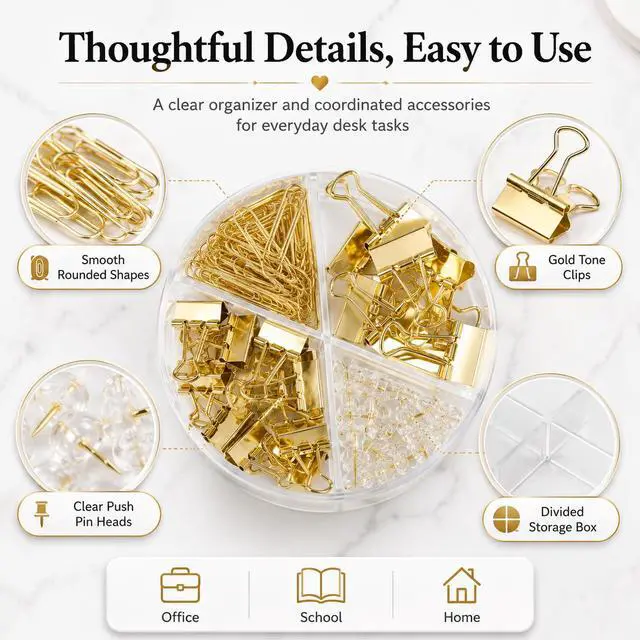 Alt view image 5 of 7 - CREECHWA Gold Paper Binder and Clips Set, Metal Assorted Sized Binders with Push Pins, Cute Office Supplies, Teacher Desk Must Haves, Desk Accessories