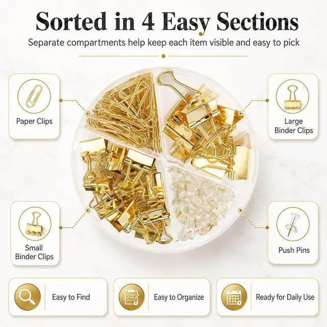 Alt view image 7 of 7 - CREECHWA Gold Paper Binder and Clips Set, Metal Assorted Sized Binders with Push Pins, Cute Office Supplies, Teacher Desk Must Haves, Desk Accessories
