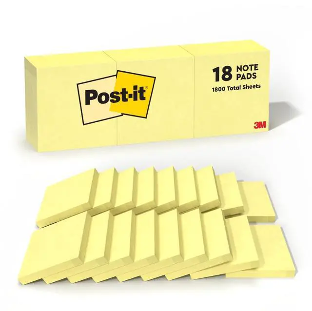 Main image of Post-it Notes, 3 in x 3 in, 18 Sticky Notes Pads, 100 Sheets per Pad, The Iconic Canary Yellow Note, Back to School Supplies and Oce Products