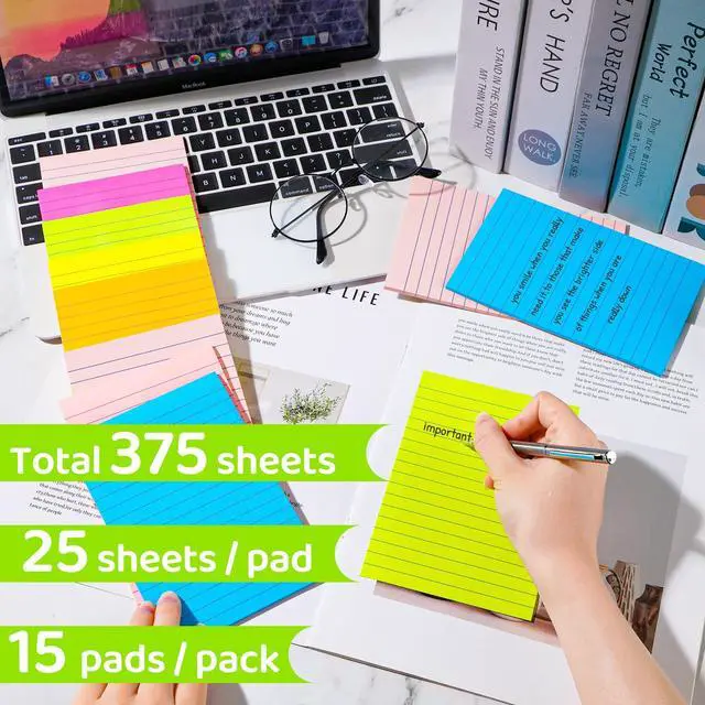 Alt view image 3 of 7 - Lined Sticky Notes 4 x 6 Inches, 15 Pads, 375 Sheets Total, 7 Bright Colors, Self-Stick Note Pads with Strong Adhesive, Large Rectangular Sticky Notes for Office, Home, School & Meetings