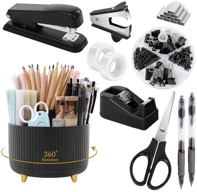 Main image of SKYDUE Black Office Supplies, Black Office Desk Accessories 10PCS, Pencil Holder for Desk, Stapler, Tape Dispenser, Scissors, Ruler, Clips and 1000pcs Staples, Desk Supplies Set