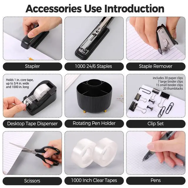 Alt view image 4 of 7 - SKYDUE Black Office Supplies, Black Office Desk Accessories 10PCS, Pencil Holder for Desk, Stapler, Tape Dispenser, Scissors, Ruler, Clips and 1000pcs Staples, Desk Supplies Set
