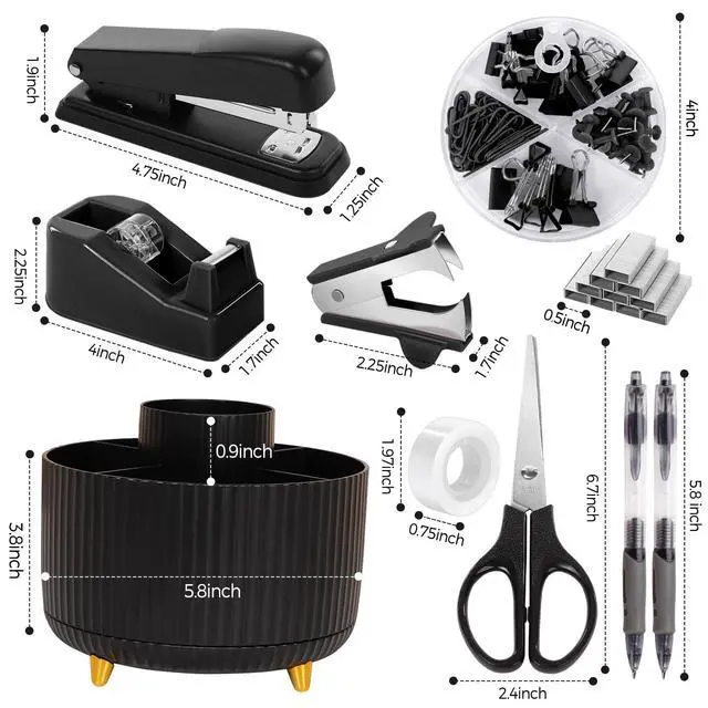 Alt view image 6 of 7 - SKYDUE Black Office Supplies, Black Office Desk Accessories 10PCS, Pencil Holder for Desk, Stapler, Tape Dispenser, Scissors, Ruler, Clips and 1000pcs Staples, Desk Supplies Set