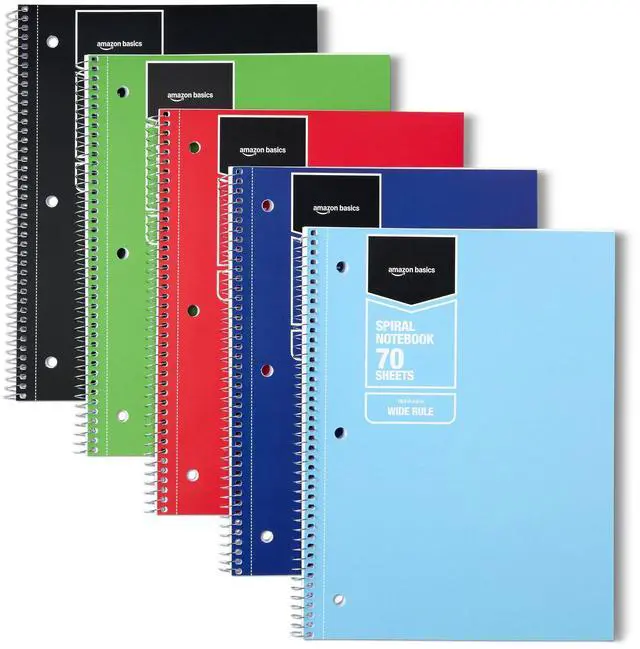 Main image of Amazon Basics Wide Ruled Spiral Notebook, For Work and School, 70 Sheets, 8" x 10.5", Assorted Solid Colors, 5 pack