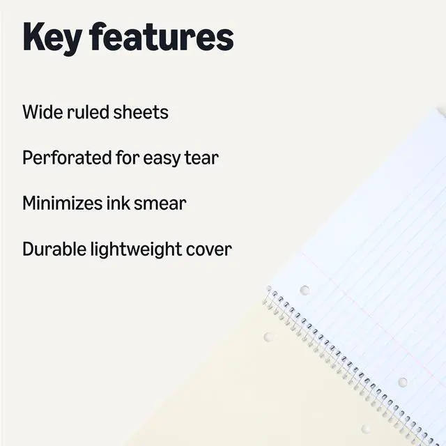 Alt view image 2 of 5 - Amazon Basics Wide Ruled Spiral Notebook, For Work and School, 70 Sheets, 8" x 10.5", Assorted Solid Colors, 5 pack