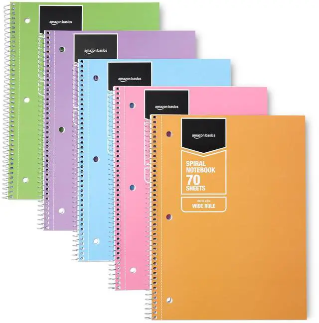 Main image of Amazon Basics Wide Ruled Spiral Notebooks, 8" x 10-1/2", 70 Sheets, Assorted Pastel Solid Colors, 5 Pack
